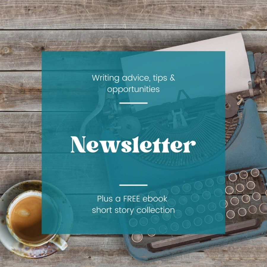 Typewriter and coffee cup with superimposed text reading writing advice, tips and opportunities. Newsletter. Plus a free ebook short story collection